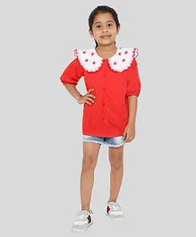 Knitting Doodles Three Fourth Sleeves Chemical Schiffli Embroidered Peter Pan Collar Short - Red