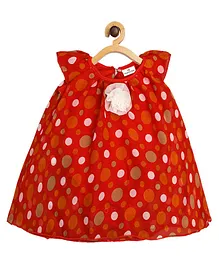 Creative Kids Short Sleeves Floral Applique Detail Polka Dots Printed Romper Dress With Lining Snap Button Detail - Red