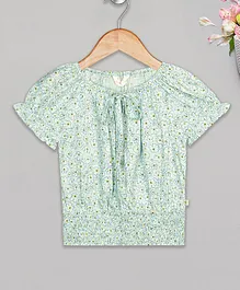 Budding Bees Short Sleeves All Over Flower Print Top - Green