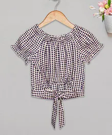 Budding Bees Half Sleeves Checked & Front Knotted Top - Purple
