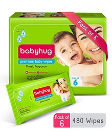 Babyhug Premium 98% Water Baby Wet Wipes with Moisturising Aloe Vera Pack Of 6 - 80 Piece Each