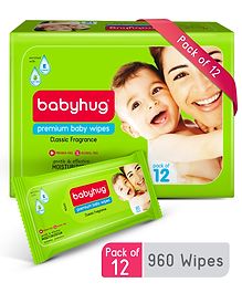 Babyhug Premium 98% Water Baby Wet Wipes with Moisturising Aloe Vera Pack Of 12 - 80 Piece Each