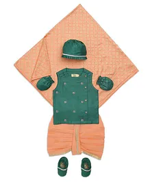 Tiber Taber Sleeveless Elephant Embroidered Kurta And Pleated Dhoti With Cap Towel Pair Of Booties And Mittens - Green