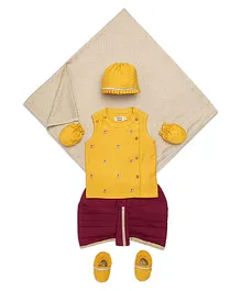 Tiber Taber Sleeveless Elephant Embroidered Kurta And Pleated Dhoti With Cap Towel Pair Of Booties And Mittens - Yellow