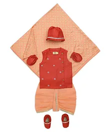 Tiber Taber Sleeveless Elephant Embroidered Kurta And Pleated Dhoti With Cap Towel Pair Of Booties And Mittens - Red