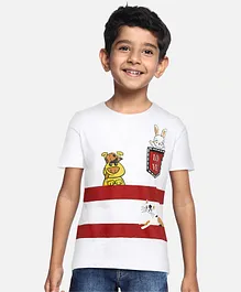 Ladore Half Sleeves Striped Rabbit And Cat Printed T Shirt - White
