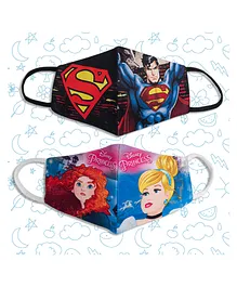 Sassoon Cartoon Printed 4 Layers Washable And Reusable Cloth Mask Superman & Blue Princess Print Pack Of 2 - Blue Red