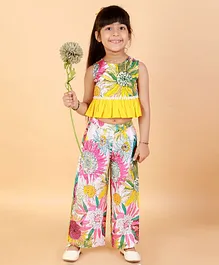 Lil Drama Sleeveless Sunflowers Printed Crop Top With Printed Palazzo Pant - Multicolor