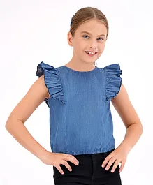 Primo Gino Girls Denim Top With Elasticated Bottom Hem With Frill Sleeves And Gold Button At Back For Easy Opening - Blue