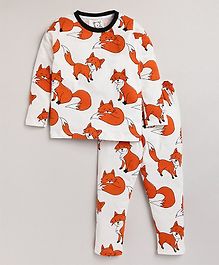 Little Marine Full Sleeves All Over Fox Printed Night Suit - White