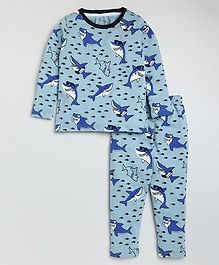 Little Marine Full Sleeves All Over Shark Printed Night Suit - Blue