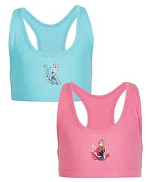 Charm n Cherish Pack Of 2 Frozen Disney Princess Elsa & Anna Print Racerback Beginners Sports Bras - Blue & Pink