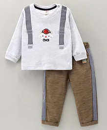 Brats And Dolls Cotton Knit Full Sleeves T-Shirt & Lounge Pant Set Cat Appliqued & Placement Print - Grey Melange
