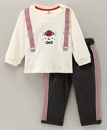 Brats And Dolls Cotton Knit Full Sleeves T-Shirt & Lounge Pant Set Cat Appliqued & Placement Print - Cream