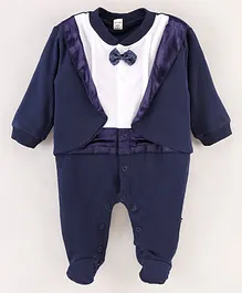 Brats And Dolls Party Wear Full Sleeves Footed Romper With Attached Blazer And Bow Applique - Blue