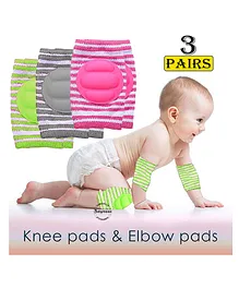 Babymoon Padded Kids Knee Elbow Protection Pads Pack of 3 - Green Grey Pink