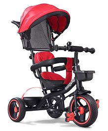 Babyhug  Plug & Play Stallion Tricycle with Parental Push Handle & Foldable Canopy - Red Black