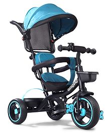 Babyhug Plug & Play Stallion Tricycle with Parental Push Handle & Foldable Canopy - Teal Blue