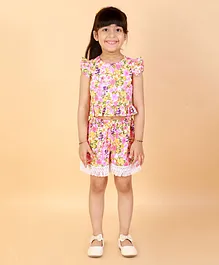 Lil Drama Cap Sleeves All Over Flower Print Top & Tasselled Trim Shorts - Pink
