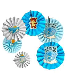Shopperskart Baby Shower Themed Paper Fan For Party Decoration Blue - Pack Of 6