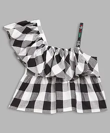 Elle Kids One Shoulder Cap Sleeve Gingham Chequered Top - Black & White