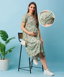 Bella Mama Short Sleeves Maternity Dress Floral Print - Light Green
