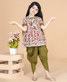 LIL PITAARA Pure Cotton Half Sleeves Floral Printed Angrakha Kurta & Dhoti Set - Green