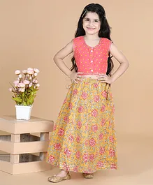LIL PITAARA Pure Cotton Sleeveless Polka Dots & Floral Printed Lehenga Choli - Pink & Orange
