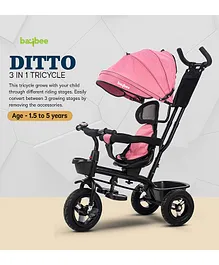 Baybee 3 in 1 Ditto Tricycle With Canopy Rubber Wheels Parental Control & Storage Basket - Black Pink