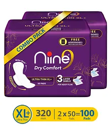 NIINE Dry Comfort Ultra Thin XL+ Sanitary Napkins With 3 Layer Shield for Heavy Flow with Biodegradable Disposable Bags Pack of 2 - 100 pads