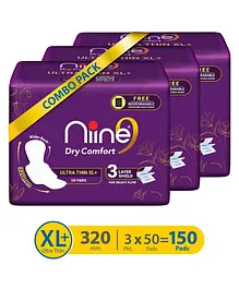 NIINE Dry Comfort Ultra Thin XL+ Sanitary Napkins With 3 Layer Shield for HEAVY FLOW, Free Biodegradable disposable bags inside Pack of 3 - 150 pads