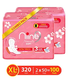 NIINE Naturally Soft Ultra Thin XL+ Sanitary Napkins With 3 Layer Shield for HEAVY FLOW, Free Biodegradable Disposal Bags Inside Pack of 2 - 100 pads