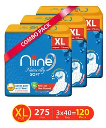 NIINE Naturally Soft XL Sanitary Pads With Anti Leak Flow Channel, Extra Soft and Cottony Pack of 3  - 120 pads