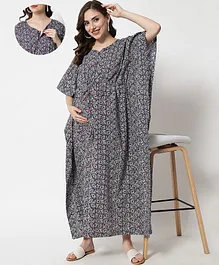 Aujjessa Half Sleeves Paisley Printed Kaftan Style Maternity Feeding Dress - Navy Blue