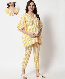 Aujjessa Half Sleeves Chevron Printed Kaftan Style Maternity Feeding Night Suit - White Yellow