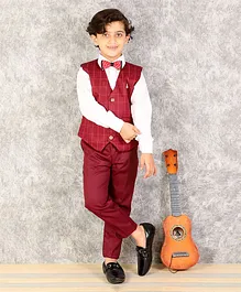 Alles Marche 3 Piece Full Sleeves Shirt Bow Detail Party Suit With Checkered Waistcoat And Trousers - Maroon