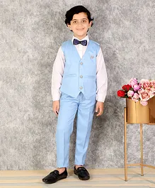 Alles Marche 3 Piece Full Sleeves Bow Detail Party Suit With Shirt Checkered Waistcoat And Trousers - Sky Blue