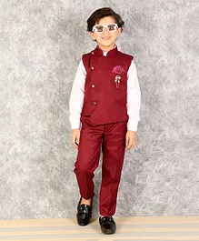 Alles Marche 3 Piece Full Sleeves Solid Brooch Detail Party Suit With Shirt Waistcoat And Trousers - Maroon