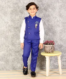 Alles Marche 3 Piece Full Sleeves Solid Brooch Detail Party Suit With Shirt Waistcoat And Trousers - Royal Blue