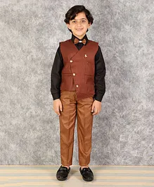 Alles Marche 3 Piece Full Sleeves Solid Bow Detail Shirt With Brooch Detail Self Design Waistcoat And Trousers - Brown Black