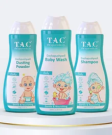 TAC The Ayurveda Co Ayurvedic Baby Bath & Body Care Combo Enriched With Dashpushpam Oil Pack Of 3- 400 ml 100 gm