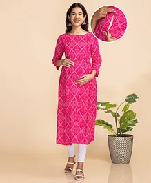 Bella Mama Woven Three Fourth Sleeves Maternity Nursing Printed Kurta Mirror Work Detailing - Dark Pink