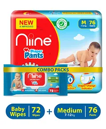 Niine Combo of Cottony Soft Baby Diaper Pants with Diaper Change Indicator Medium Size 76 Pantss and Biodegradable Baby Wipes with lid 72 Pantss
