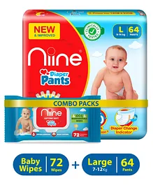 Niine Combo of Baby Diaper Pants Large L Size 9-14KG 64 Pants and Biodegradable Baby Wipes with lid 72 Wipes