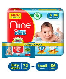 Niine Combo of Baby Diaper Pants Small S Size 4-8KG 86 Pants and Biodegradable Baby Wipes with lid 72 Wipes