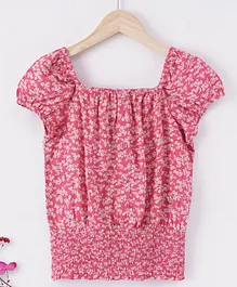 Ed-a-Mamma Short Puffed Sleeves Floral Smocked Detail Top - Pink