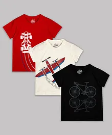 The Sandbox Clothing Co Pack Of 3 Half Sleeves Aircraft Racing Car And Bicycle Print T Shirts - Black Red White