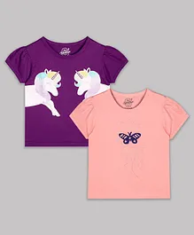 The Sandbox Clothing Co Pack Of 2 Puffed Sleeves Unicorn And Butterfly Print T Shirts - Purple Pink