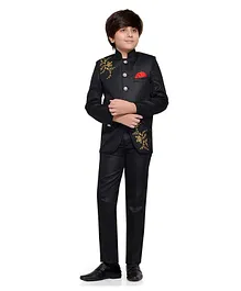 Jeet Ethnics Full Sleeves Floral Placement Embroidered Jodhpuri Coat With Pants - Black