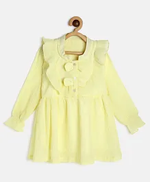 MANET Full Sleeves Crush Pleats Self Design Dress - Yellow
